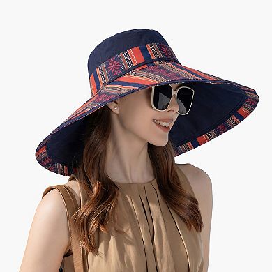 Women's Reversible Wide Brim Sun Hat with Chin Tie Large Floppy Brim Packable Summer Beach Hat