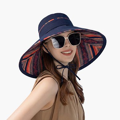 Women's Reversible Wide Brim Sun Hat with Chin Tie Large Floppy Brim Packable Summer Beach Hat