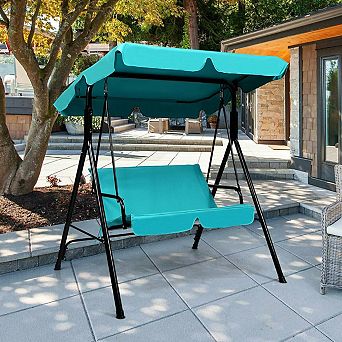 Blue Outdoor Steel Frame Loveseat Swing with Cushion and Canopy