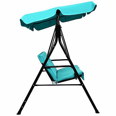 Blue Outdoor Steel Frame Loveseat Swing with Cushion and Canopy