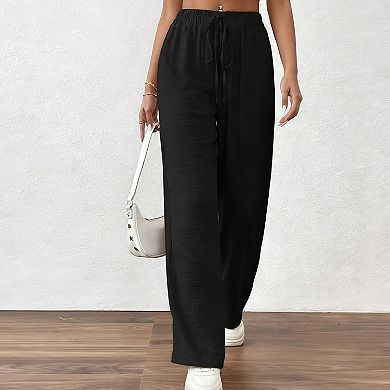 Women's High Waisted Wide Leg Pants Casual Elastic Waist Drawstring Trousers with Side Pockets