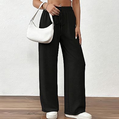 Women's High Waisted Wide Leg Pants Casual Elastic Waist Drawstring Trousers with Side Pockets