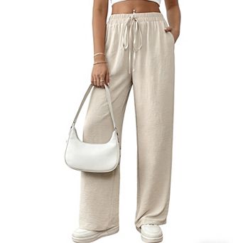 Women's High Waisted Wide Leg Pants Casual Elastic Waist Drawstring Trousers with Side Pockets