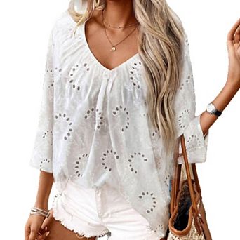 Women's Summer Tops V Neck Floral Embroidery Blouse Hollow Out Long Sleeve Vacation Shirt