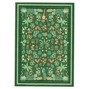 Jungle Area Rug for Living Room, Washable Animal Cute Nursery Rugs, Soft Low Pile Botanical Carpet