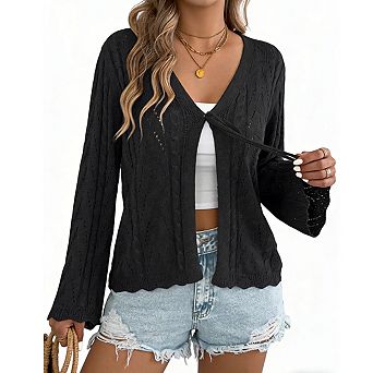 Women's V Neck Cable Knit Cardigan Bell Sleeves Front Tie Closure Scalloped Hem Tops