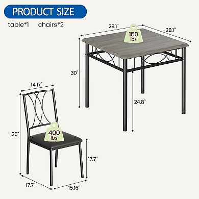 Dining Table Set for 2, Wood Square Dining Table and 2 Upholstered Chairs for Small Spaces