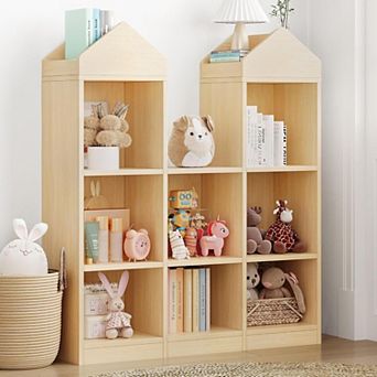 Kids Bookshelf, Wooden Bookcase for Toddlers with Tilt Protection, Set 8 Compartments Toy Storage