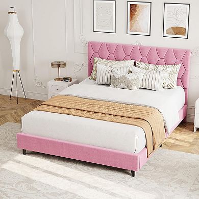 Bed Frame with Upholstered Headboard, Heavy-Duty Platform Bed