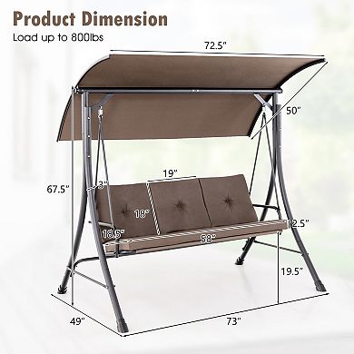 Brown 3-Seat Outdoor Porch Swing with Adjustable Canopy and Soft Cushions