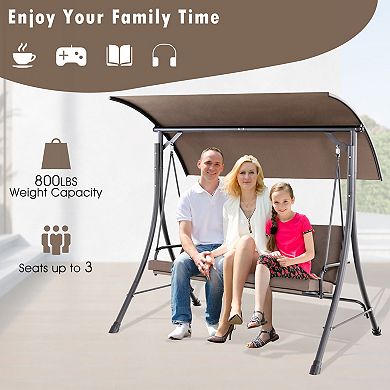 Brown 3-Seat Outdoor Porch Swing with Adjustable Canopy and Soft Cushions