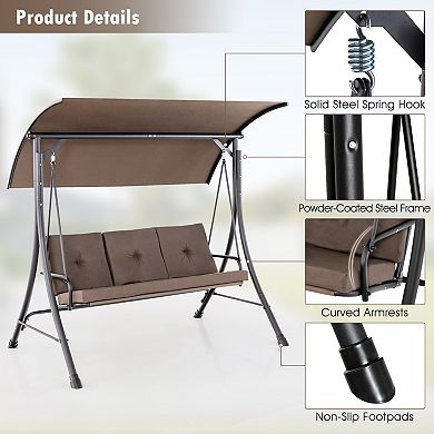 Brown 3-Seat Outdoor Porch Swing with Adjustable Canopy and Soft Cushions