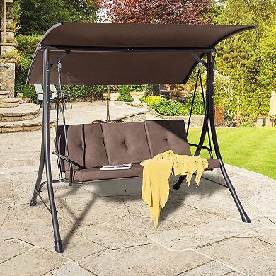 Brown 3-Seat Outdoor Porch Swing with Adjustable Canopy and Soft Cushions