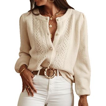 Women's Button Up Cardigans Lantern Sleeve Crewneck Hollow Out Open Knit Sweater