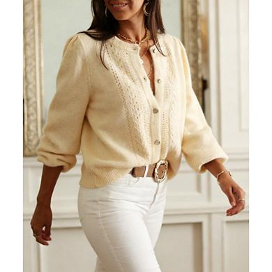 Women's Button Up Cardigans Lantern Sleeve Crewneck Hollow Out Open Knit Sweater