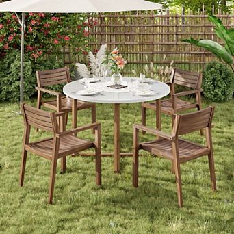 KWPZQEB Farmhouse Acacia Wood Outdoor Round Dining Set of 5, Slatted Design