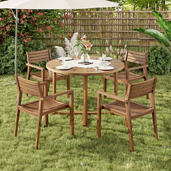 KWPZQEB Farmhouse Acacia Wood Outdoor Round Dining Set of 5, Slatted Design