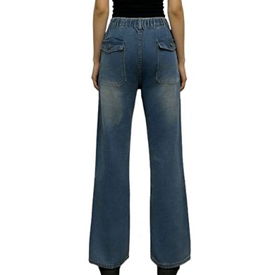 Women's High Waisted Wide Leg Jeans Casual Boyfriend Denim Pants with Patch Pockets