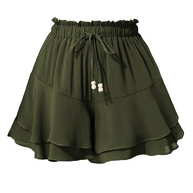 Women's Elastic Waist Drawstring Casual Ruffled Layered Skort for Summer