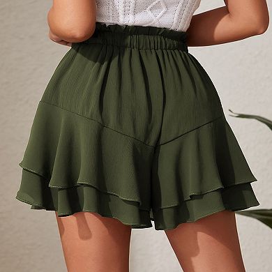 Women's Elastic Waist Drawstring Casual Ruffled Layered Skort for Summer