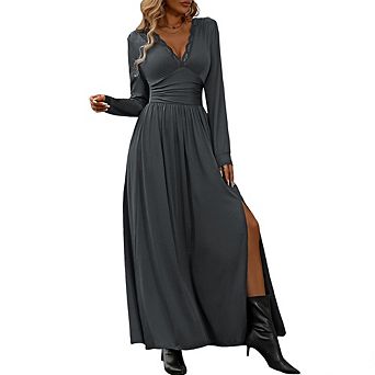 Women Long Sleeve V-Neck Maxi Dress Lace Trim High Waist Flowy Gown with Side Slit