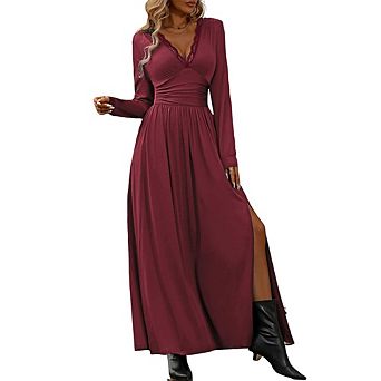 Women Long Sleeve V-Neck Maxi Dress Lace Trim High Waist Flowy Gown with Side Slit