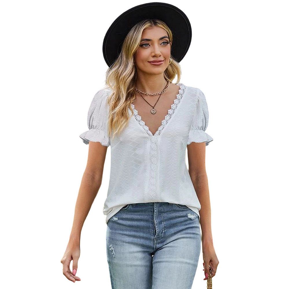 Women Lace V Neck Summer Tops Puff Sleeve Textured Shirts Blouses ...