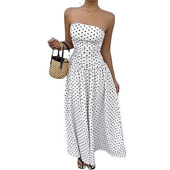 Womens Polka Dot Strapless Dress Summer Ruched Tube Top Casual Sleeveless Swing Flowy Maxi Dresses