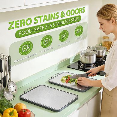 2PC Double-Sided Stainless Steel Chopping Board with Juice Grooves, Dishwasher Safe