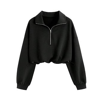 Women's 1/2 Zip Crop Sweatshirt Pullover Causal Long Sleeves Polo V Neck Drawstring Waist Shirt