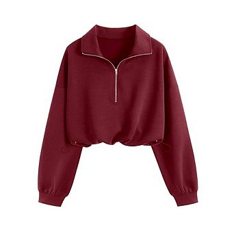 Women's 1/2 Zip Crop Sweatshirt Pullover Causal Long Sleeves Polo V Neck Drawstring Waist Shirt