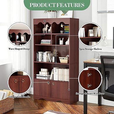 Tall Bookshelf with Doors, Freestanding Bookcase with 5 Tier, Wooden Storage Shelves
