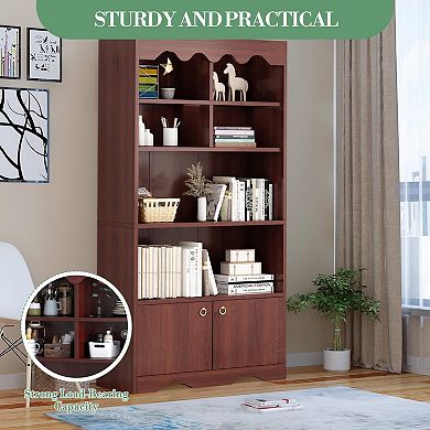 Tall Bookshelf with Doors, Freestanding Bookcase with 5 Tier, Wooden Storage Shelves
