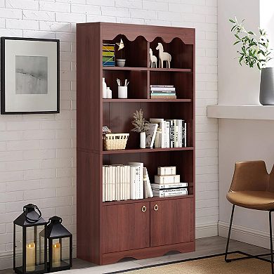 Tall Bookshelf with Doors, Freestanding Bookcase with 5 Tier, Wooden Storage Shelves
