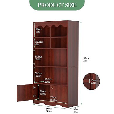 Tall Bookshelf with Doors, Freestanding Bookcase with 5 Tier, Wooden Storage Shelves