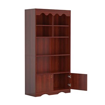 Tall Bookshelf with Doors, Freestanding Bookcase with 5 tier Wooden Storage Shelves