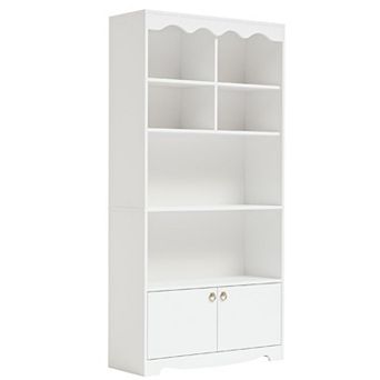 Tall Bookshelf with Doors, Freestanding Bookcase with 5 tier Wooden Storage Shelves