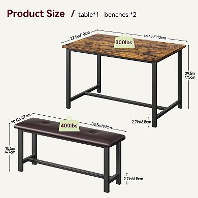 Rectangular Dining Table Set for 4, Kitchen Table Set with 2 Upholstered Benches, for Small Space