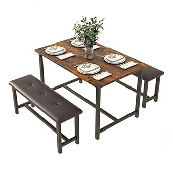 Rectangular Dining Table Set for 4, Kitchen Table Set with 2 Upholstered Benches, for Small Space