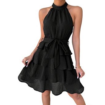 Women's Summer Halter Neck Ruffled Mini Boho Dress Casual Sleeveless Tiered Belted Flowy Short Dress
