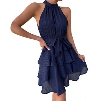Women's Summer Halter Neck Ruffled Mini Boho Dress Casual Sleeveless Tiered Belted Flowy Short Dress
