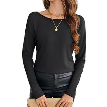 Women's Ribbed Long Sleeve Top Summer Sheer Butterfly Lace Back Shirt Crew Neck Casual Blouse