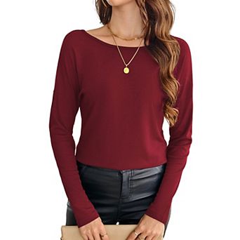 Women's Ribbed Long Sleeve Top Summer Sheer Butterfly Lace Back Shirt Crew Neck Casual Blouse