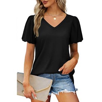 Women's Summer V-Neck Puff Short Sleeve T-Shirt Casual Loose Fit Top Boho Soft Blouse