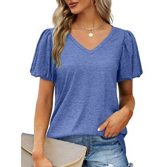 Women's Summer V-Neck Puff Short Sleeve T-Shirt Casual Loose Fit Top Boho Soft Blouse