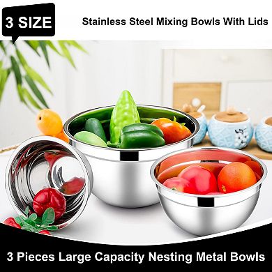 6pcs Mixing Bowls With Lids Stainless Steel Nesting Airtight Stackable 4.5/3/1.5 Qt