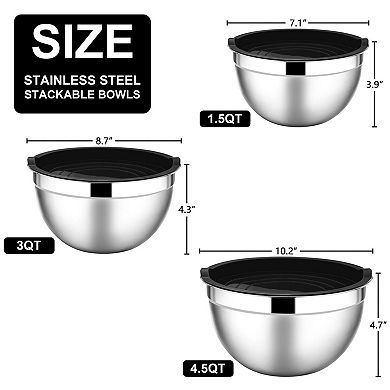 6pcs Mixing Bowls With Lids Stainless Steel Nesting Airtight Stackable 4.5/3/1.5 Qt