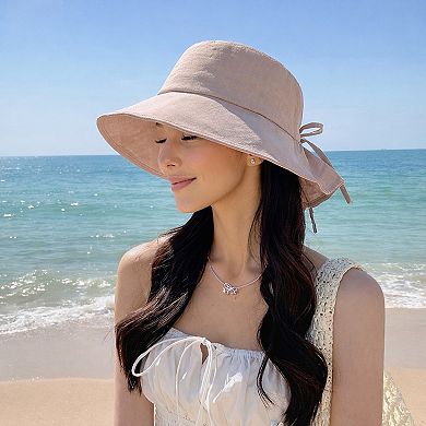 Women's Wide Brim Sun Hat with Back Bow Adjustable Cotton Bucket Hat Summer Beach Sun Hat
