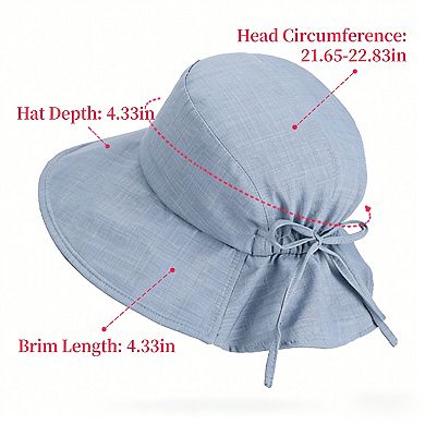 Women's Wide Brim Sun Hat with Back Bow Adjustable Cotton Bucket Hat Summer Beach Sun Hat
