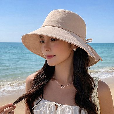 Women's Wide Brim Sun Hat with Back Bow Adjustable Cotton Bucket Hat Summer Beach Sun Hat